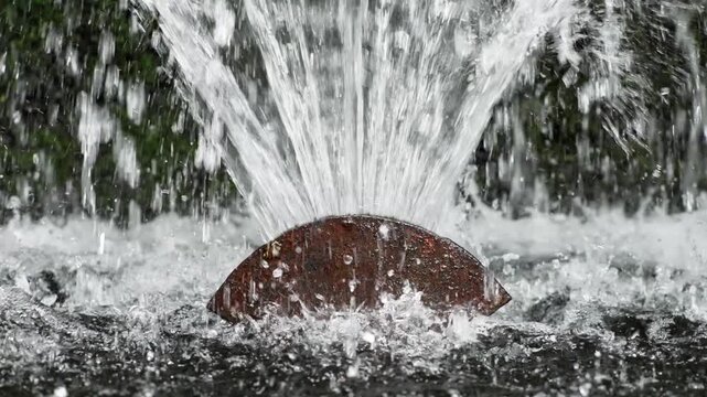 Powerful water streams erupt upward from a rusty brown circular fountain head.