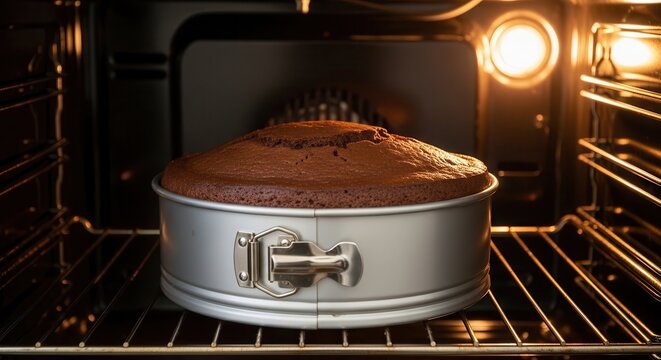 Chocolate cake baking in a round springform pan inside a warm oven.
