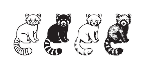 Four red panda icons in various artistic styles: outline, silhouette, line art, and detailed sketch, isolated on white. © KirST