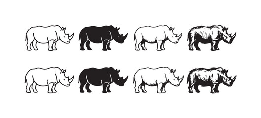 Eight rhinoceros icons in various artistic styles: outline, silhouette, line art, and detailed sketch, presented in two rows on white. © KirST