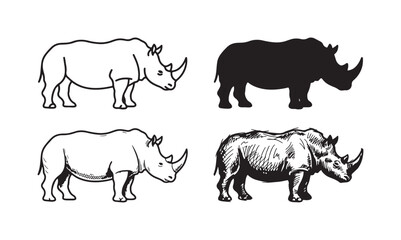 Four rhinoceros icons in various artistic styles: outline, silhouette, line art, and detailed sketch, isolated on white. © KirST