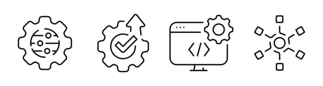 Gear icons indicating configuration and deployment on white background. Editable stroke