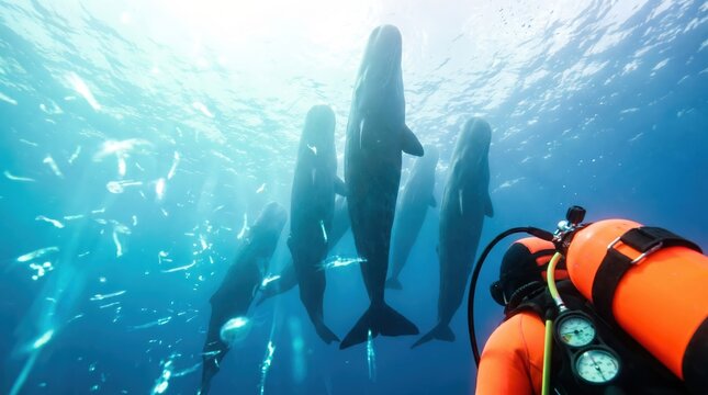 Underwater View Of Sleeping Sperm Whales Vertically, Marine Biology Sabbatical
