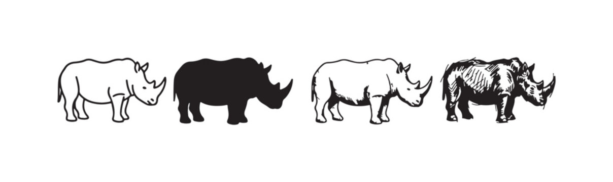 Four rhinoceros icons in various artistic styles: outline, silhouette, line art, and detailed sketch, isolated on white.