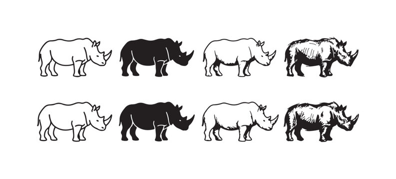 Eight rhinoceros icons in various artistic styles: outline, silhouette, line art, and detailed sketch, presented in two rows on white.