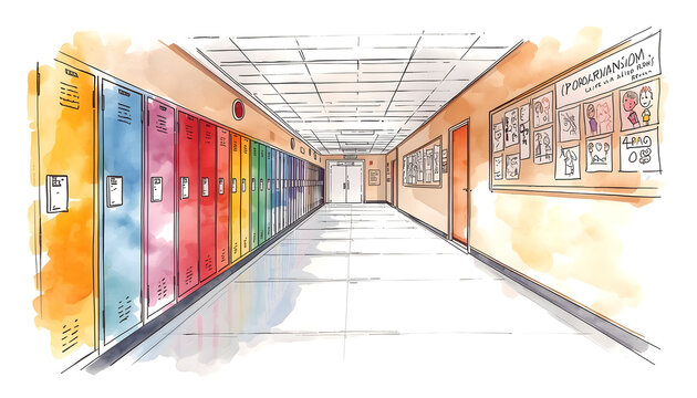 illustration of a sketch of a school classroom corridor