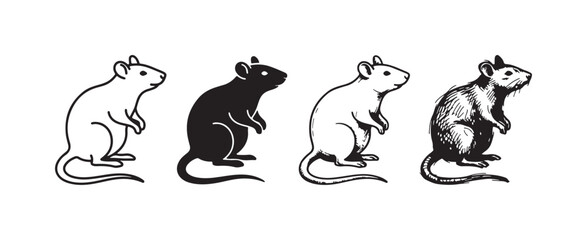 Collection of Rat Vector Graphics: Outline, Solid, and Hand-Drawn Styles of a Rodent Standing Upright © KirST
