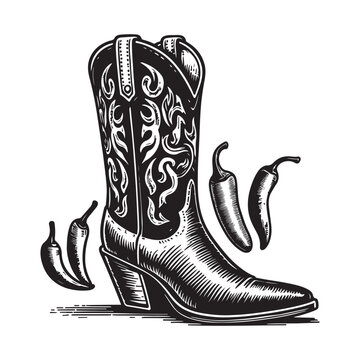 Western cowboy boot with chili peppers isolated on white background