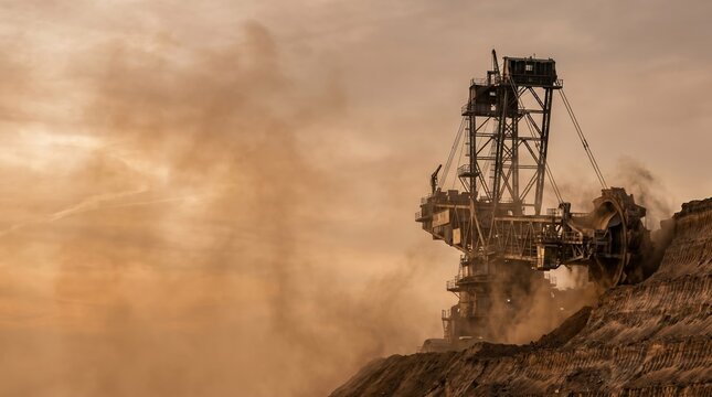 Massive Bucket Wheel Excavator Working At Sunset, Large Scale Surface Mining
