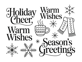 Decorative holiday cheer warm wishes season greetings with snowflakes and a hot beverage mug and scarf © Md