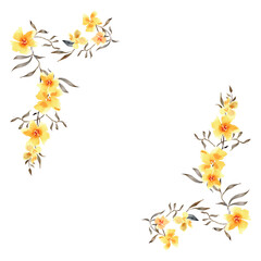 Fototapeta premium Hand-painted watercolor yellow floral corner frame. Delicate botanical design with flowers and leaves on white background.