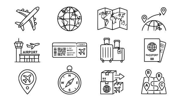 Airplane and globe icon set with global travel and aviation symbols editable stroke vector transparent background