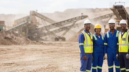 Fototapeta premium Sustainable quarry workforce portrait. Diverse miners in high-vis vests. Responsible extraction.