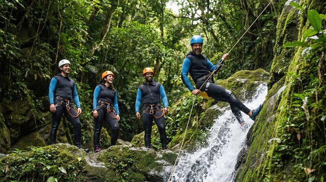 Tropical canyoning adventure tourism. Group rappelling down waterfall. Jungle wetsuit activity.