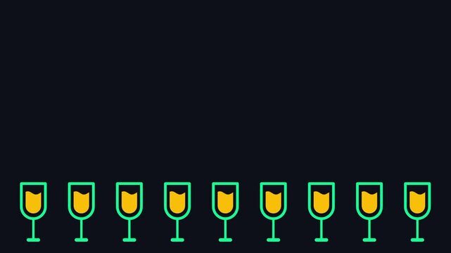 A row of ten teal champagne glasses lined up in a sequence, representing abundance, a large gathering, or a grand celebration event