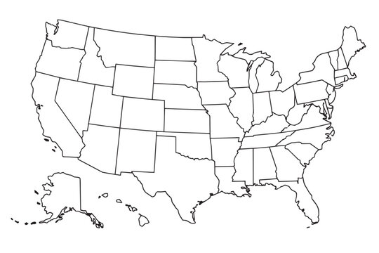 United States map with state borders, minimalist black outline USA vector illustration, blank American map template for educational and business use