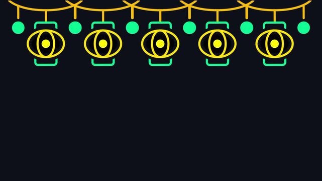 A row of teal hanging lanterns connected by string beads across a horizontal line, representing a festive outdoor lighting decoration display