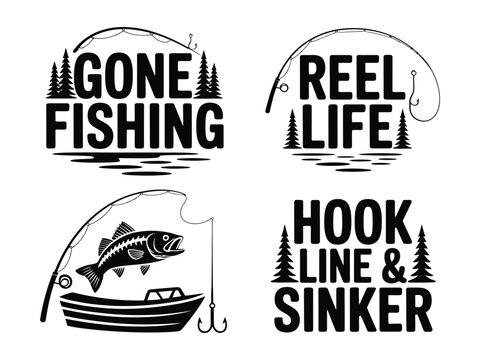Fishing themed vector graphics with motivational quotes and illustrations on white background
