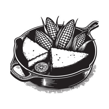 Cast iron skillet with cornbread, corn on the cob, and lime slices