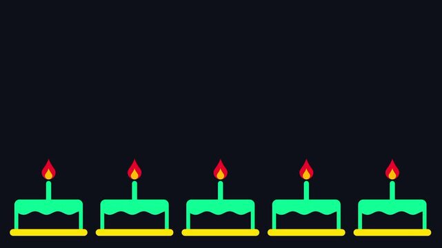 A row of five teal birthday cakes each with candles on top, representing multiple birthdays, a group celebration, or an abundance of festive events