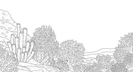 Fototapeta premium Coral reef in doodle style. A hand-drawn illustration of a vibrant underwater ecosystem teeming with diverse marine life and coral formations