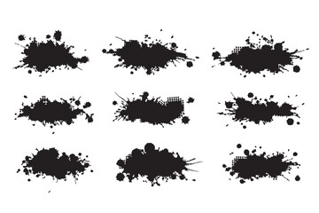 Grunge black ink splatters and paint drips, set of 9 abstract liquid splash vectors, messy ink blots for artistic design and urban street art © jutt