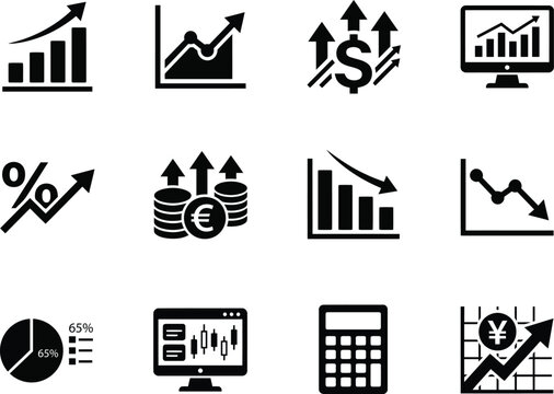 Finance and stock market growth icon set simple minimal black with percentage
