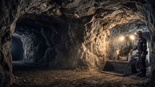 Underground miner with skid steer loader in mineral extraction tunnel, subterranean workforce