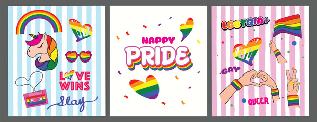 Fototapeta premium LGBTQ Pride Rainbow Unicorn Hearts and Love Wins Cute Retro Stripe Set