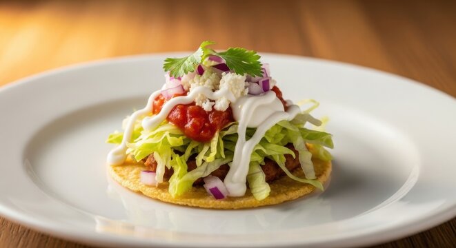 A delicious mexican tostada topped with fresh lettuce, salsa, sour cream, and cilantro