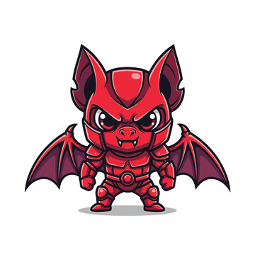 Cute crimson bat warrior vector illustration featuring a red bat character wearing fantasy armor with large wings and big eyes, kawaii animal fighter mascot design on white background.