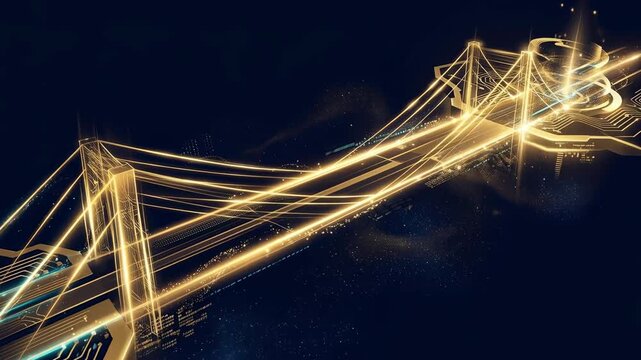 Futuristic bridge glowing line digital connection abstract technology golden light cyber network data flow night background innovation fantasy