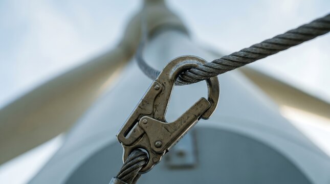 Metal safety carabiner hooked to a steel cable on a wind turbine for fall protection