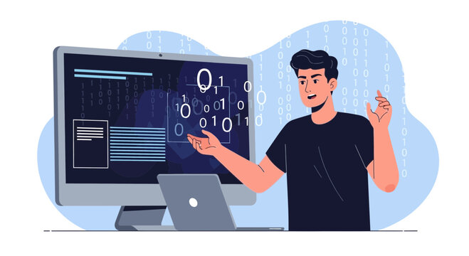 Programmer with Binary Code and Computer Screen
