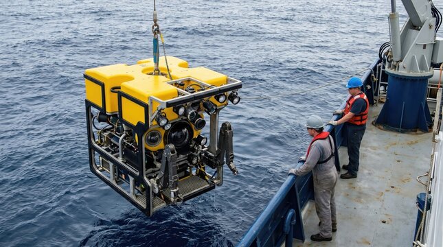 Yellow deep sea scientific research ROV being deployed from a crane on a vessel