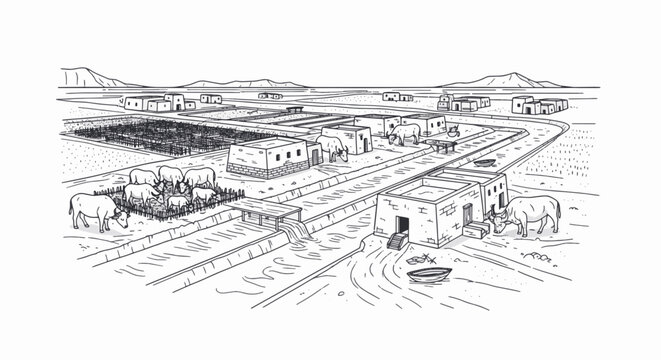 Black and white line art vector illustration of ancient Egyptian icons including Giza pyramids, Great Sphinx, hieroglyphic symbols, pharaoh silhouette, and desert landscape elements.