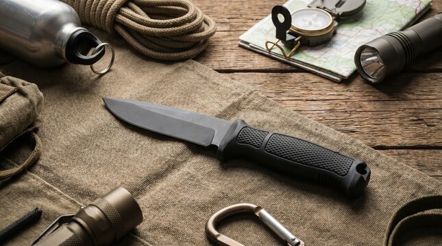 Tactical survival knife, compass, and flashlight laid out on a canvas cloth for camping