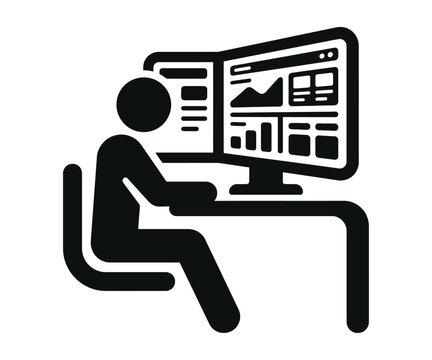 Black silhouette of person sitting at desk working on computer with graphs