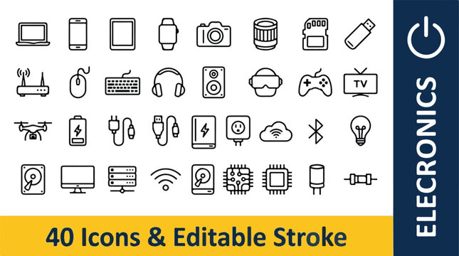 Modern consumer electronics and digital device line icons set