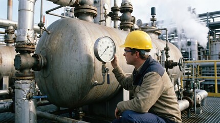Fototapeta premium Petrochemical worker checking analog pressure gauge for industrial vessel safety monitoring