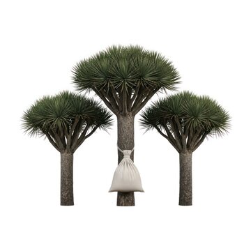Three Dracaena Draco Trees with a White Bag at the Base of the Center Tree.