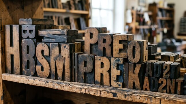 Close-up of vintage wooden letterpress blocks with alphabet characters and numbers in a printing workshop.