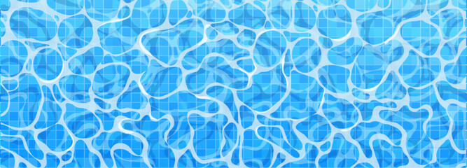 Fototapeta premium Pool water ripple surface top view, mosaic tile, water with glares sunlight reflections, game texture. Beach sea, ocean clean and deep water.