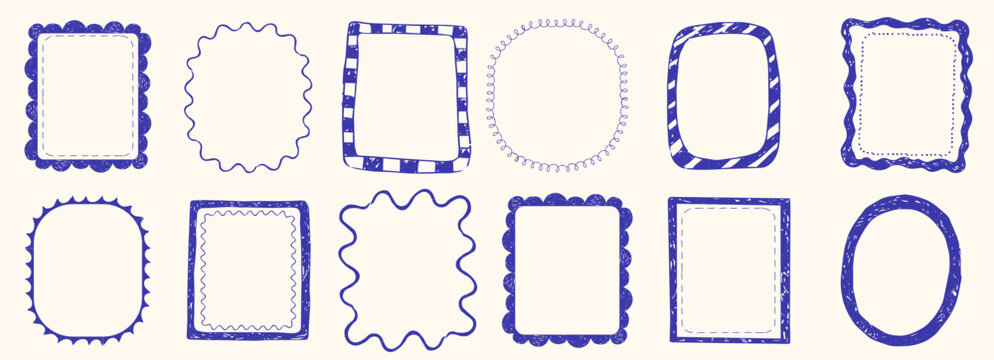 Stamp frames with border in Italian coastal style. Decorative, nautical fun scallop frame wiggle retro designs. Hand drawn pencil doodle border set.