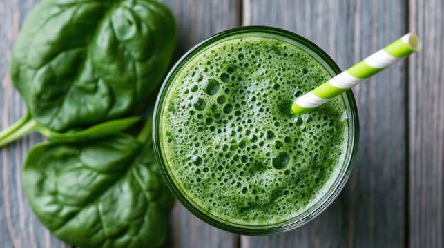 Healthy green spinach smoothie with fresh leaves on a wooden table