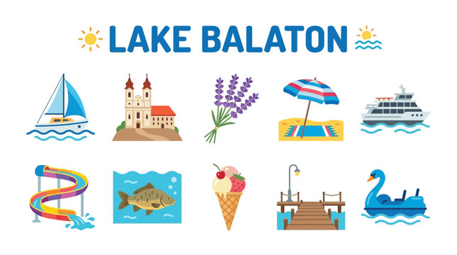 Lake Balaton Vacation Icons Set.