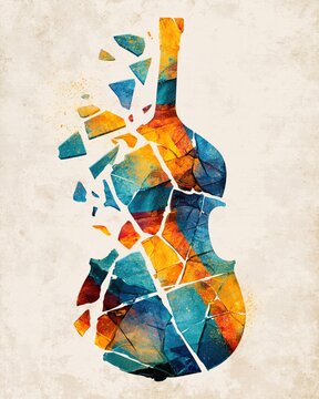 Abstract Broken Violin Artwork with Colorful Geometric Fragments