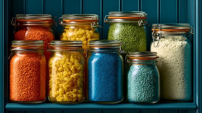 Colorful assortment of lentils, pasta, and flour neatly organized in glass jars on a dark blue pantry shelf creates a vibrant kitchen storage scene.