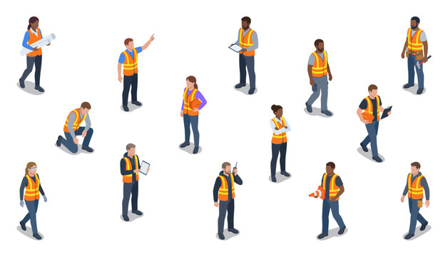 Isometric construction workers and civil engineers set | Diverse male and female builders in safety vests holding equipment | Vector illustration