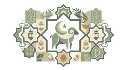 Naklejka premium Ramadan Kareem greeting card illustration with ram, crescent moon, star and Islamic geometric patterns